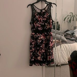 Black dress w/pink roses & cream colored flowers. Lots details w/lace trimming